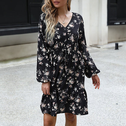 Damen Blumenkleid Voluminöse Ärmel Taillenzug Eveloria - Eveloria