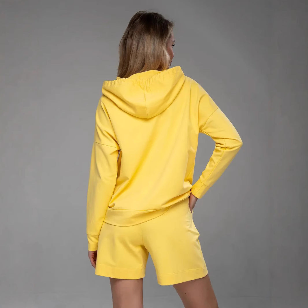 Damen Hoodie Set mit Kängurutasche und Shorts Baumwolle Beige