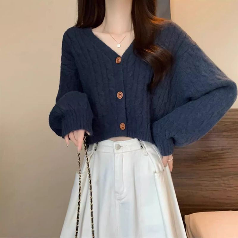 Damen Grobstrick-Cardigan Knöpfe V-Ausschnitt Beige
