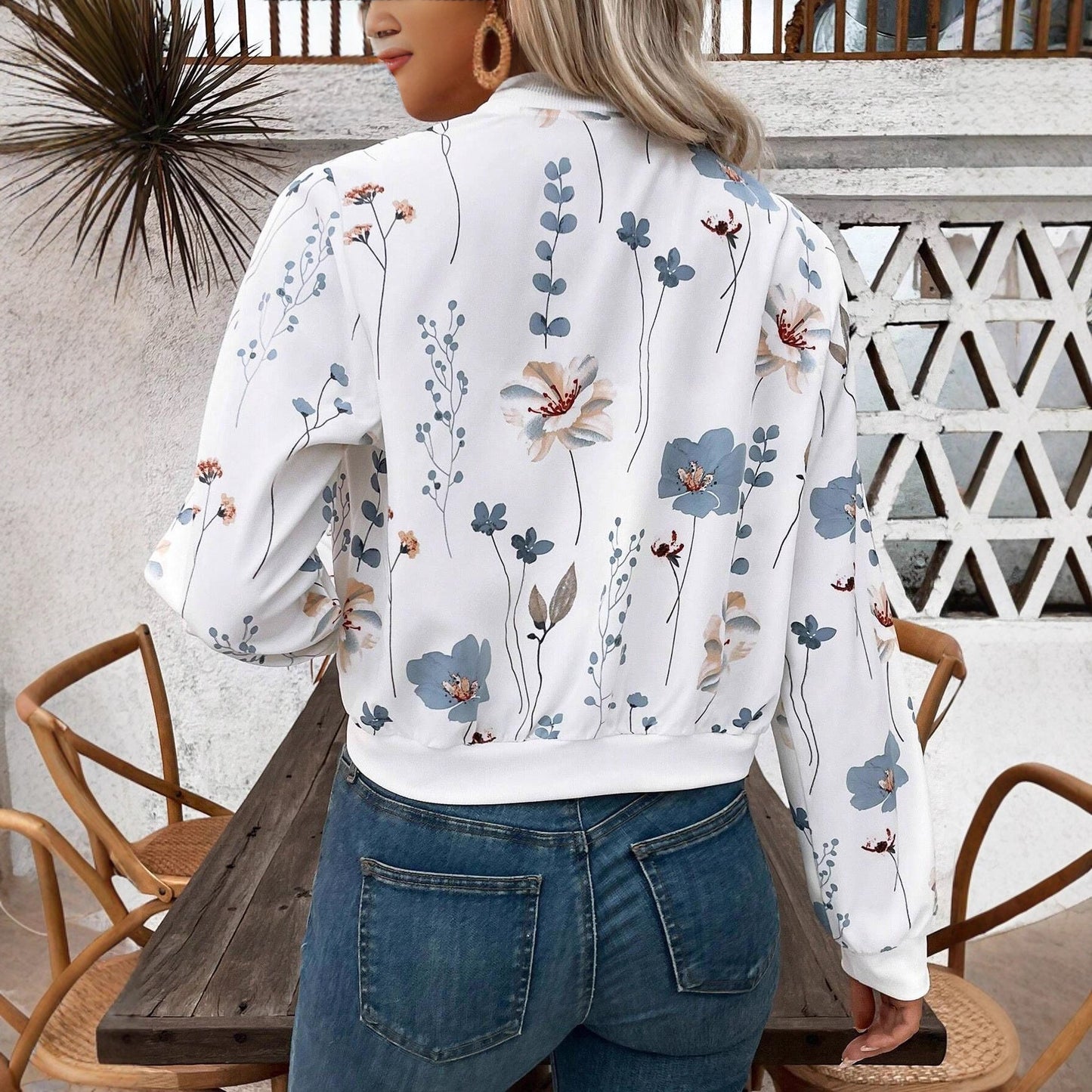 Damen Bomberjacke Floralmuster Elastisch Eveloria