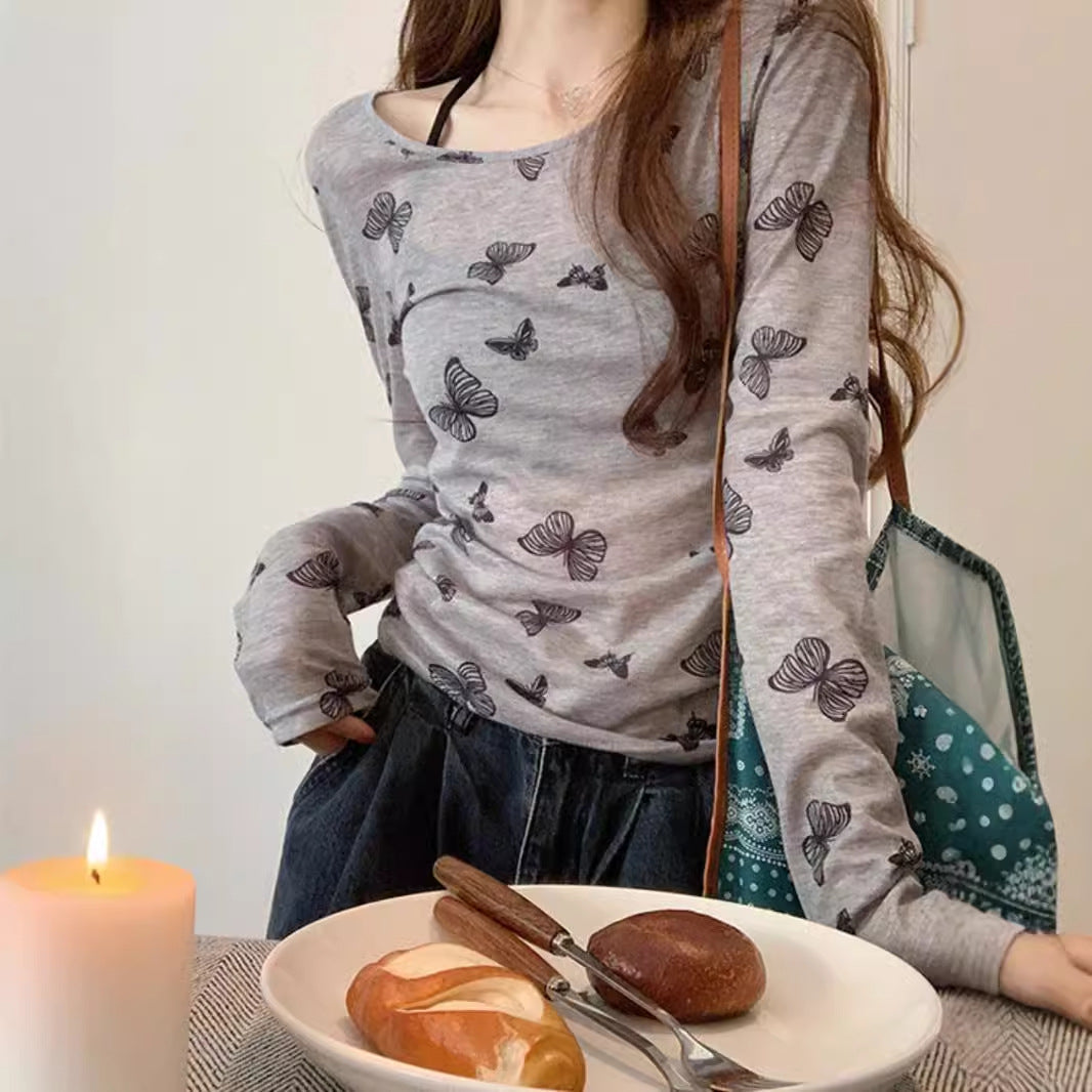 Damen Langarmshirt Feines Schmetterlingsmuster Eveloria