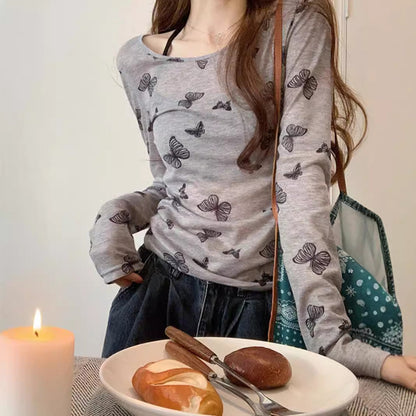 Damen Langarmshirt Feines Schmetterlingsmuster Eveloria