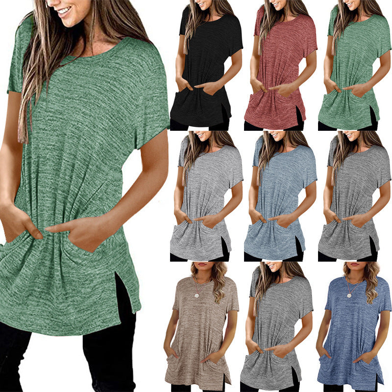 Damen Langarm-Tunika mit Seitentaschen Asymmetrischer Saum Schwarz - Eveloria