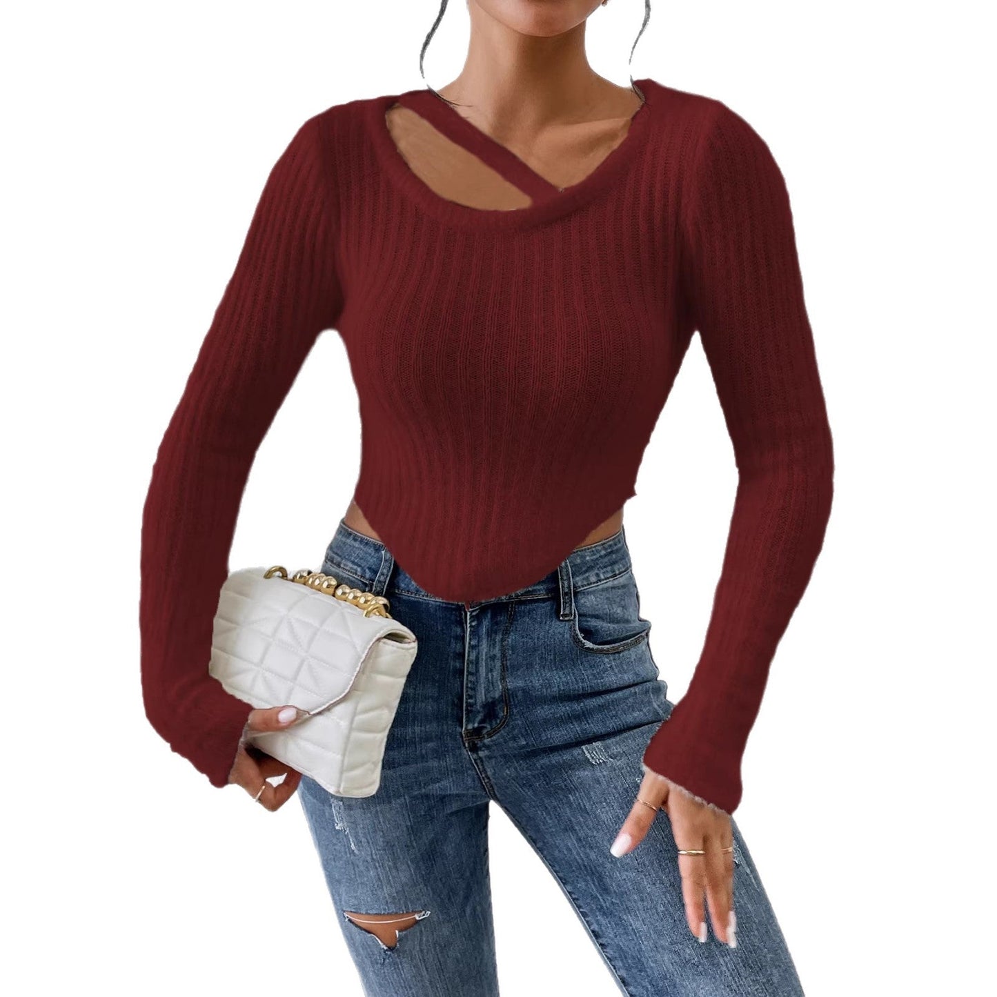 Damen Off-the-Shoulder Stricktop Elastischer Saum Beige
