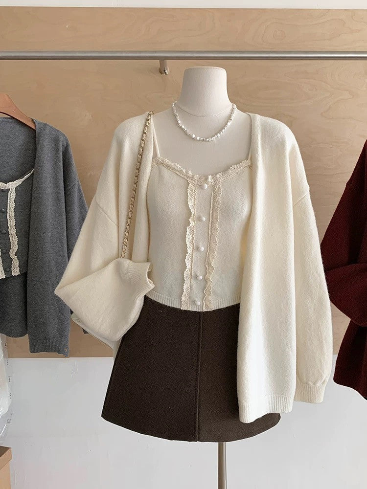 Damen Strickshirt Spitzenbesatz Lässiger Schnitt Weiße Eveloria