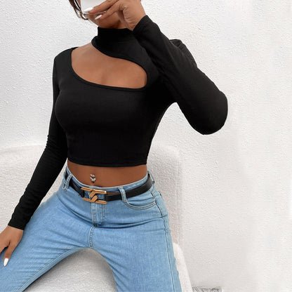Damen Langarm Crop Asymmetrischer Ausschnitt Stehkragen Eveloria
