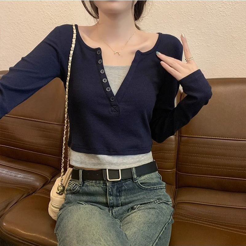 Damen Langarmshirt Rundhalsausschnitt Knopfleiste Eveloria