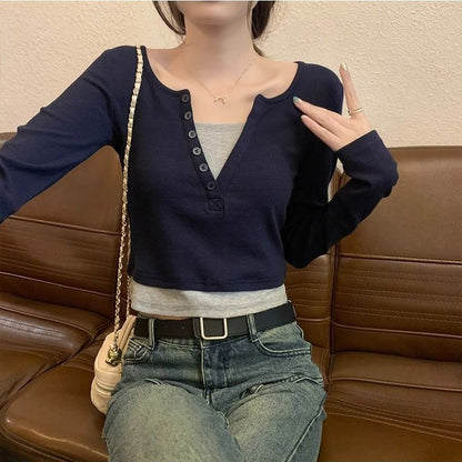 Damen Langarmshirt Rundhalsausschnitt Knopfleiste Eveloria