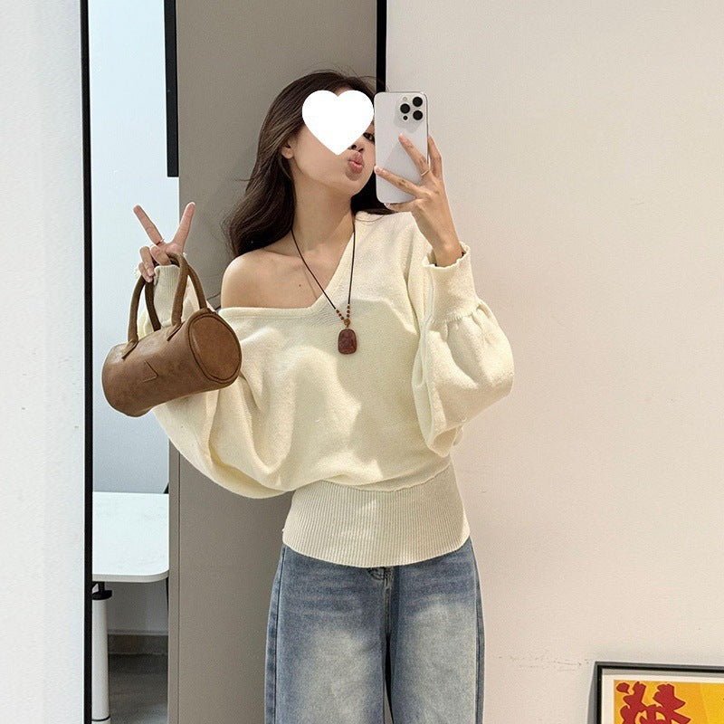 Damen Pullover V-Ausschnitt Taillengürtel Beige