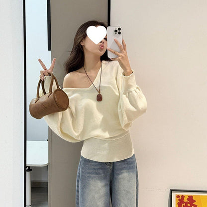 Damen Pullover V-Ausschnitt Taillengürtel Beige