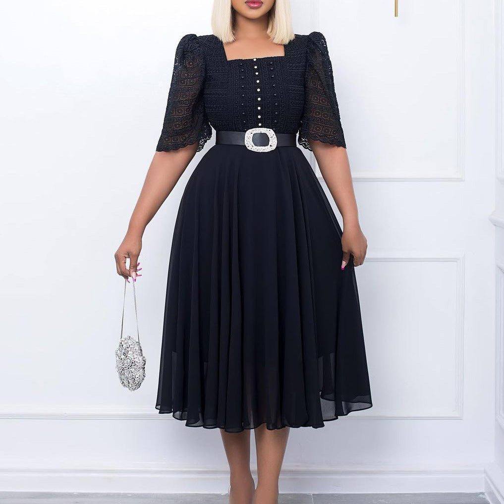 Damen Maxikleid Spitze Taillengürtel Eveloria - Eveloria