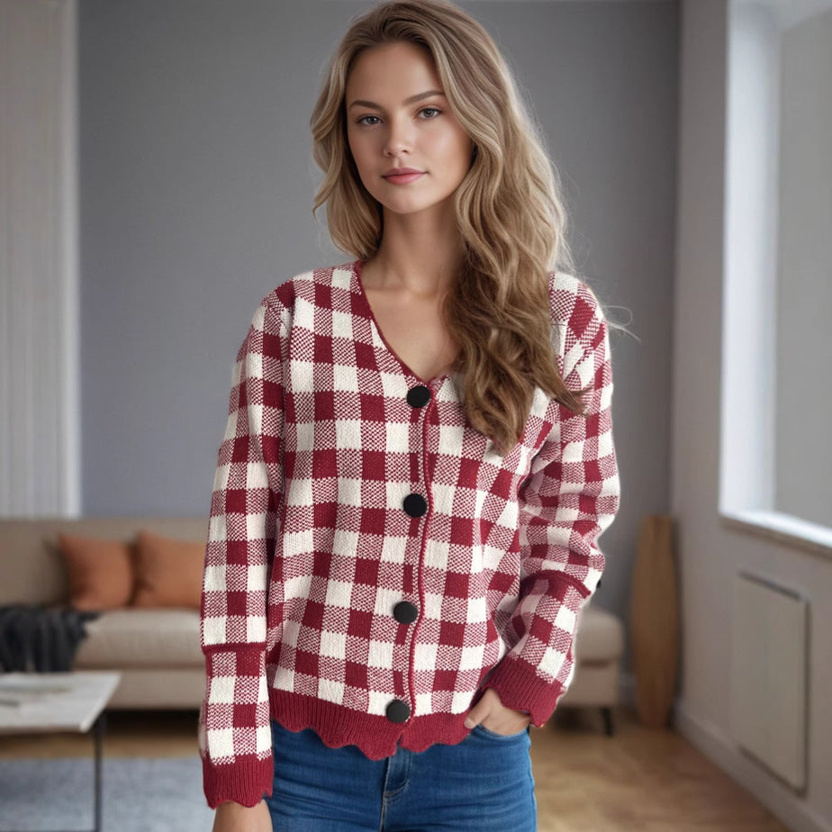 Damen Strickjacke Kontrastmuster Knöpfe Eveloria