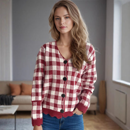 Damen Strickjacke Kontrastmuster Knöpfe Eveloria