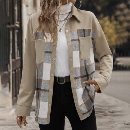 Damen Oversized Hemdjacke Kariert Baumwolle Praktische Taschen