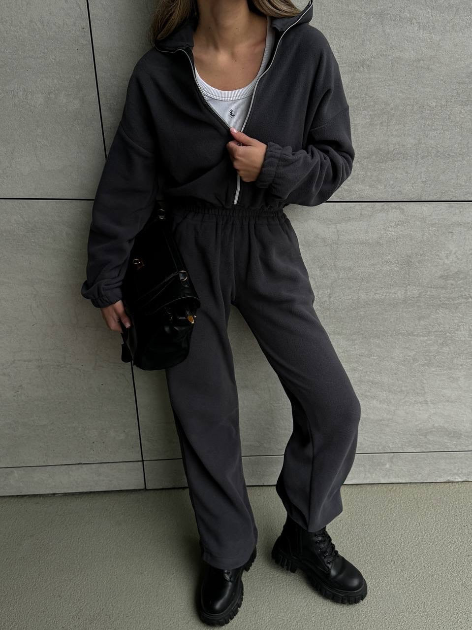 Damen Fleece-Loungewear-Set Hochkragen Taschen Eveloria