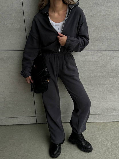Damen Fleece-Loungewear-Set Hochkragen Taschen Eveloria