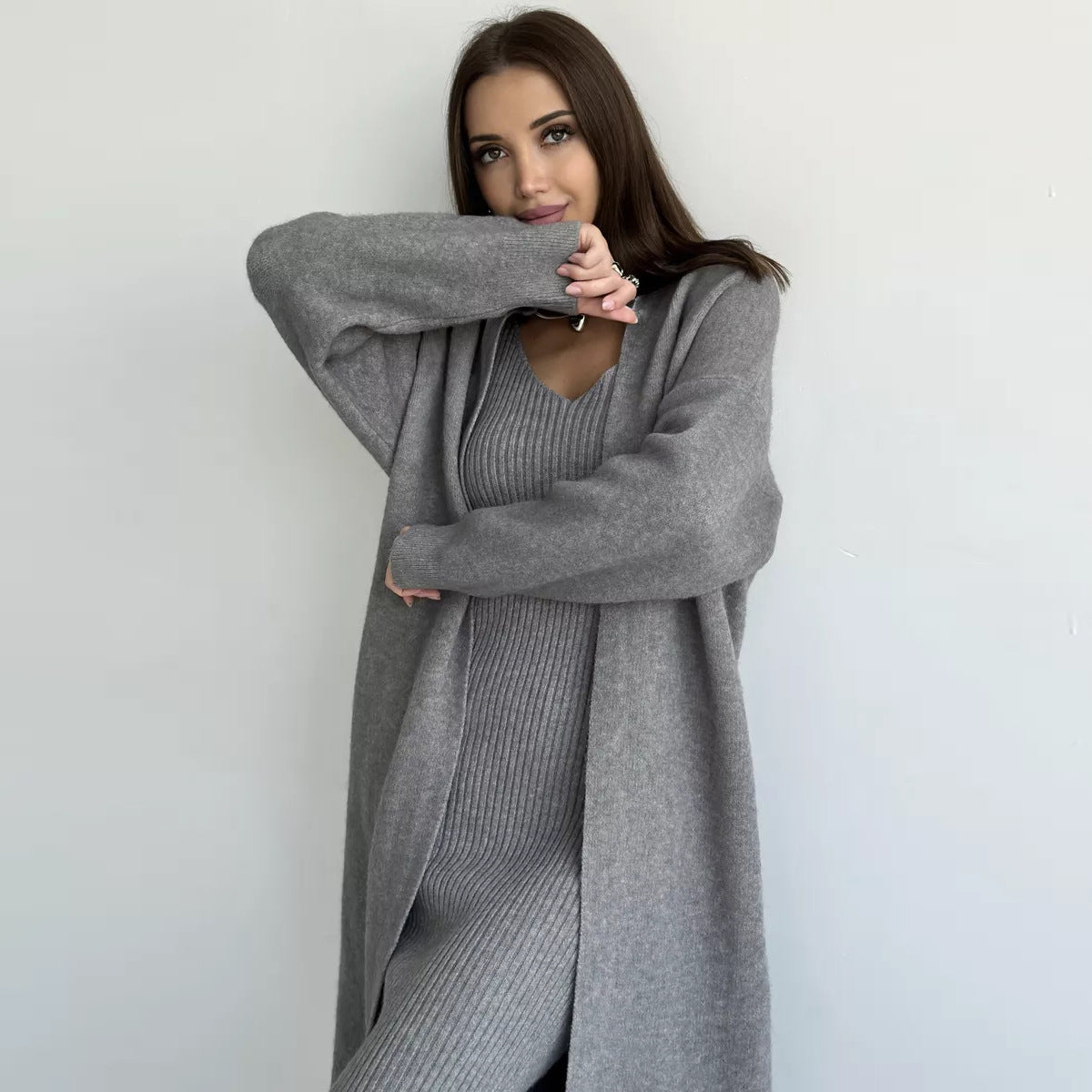 Damen Strickkleid V-Ausschnitt Länges Schnitt