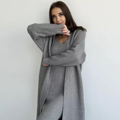 Damen Strickkleid V-Ausschnitt Länges Schnitt