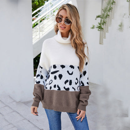 Damen Pullover Kuschelig Tiermuster Hochkragen Grau