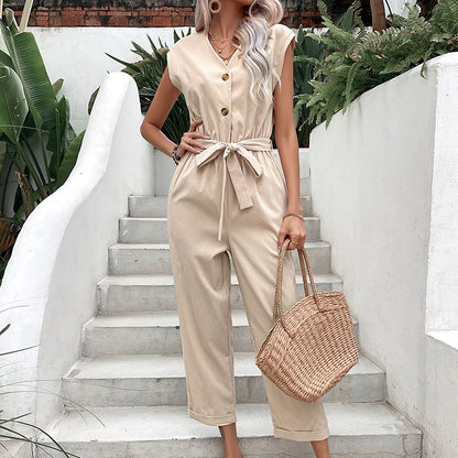 Damen Jumpsuit Taillierbarer Gürtel Knopfverschluss Eveloria