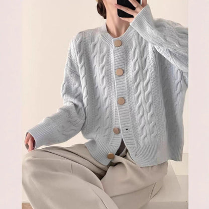 Damen Strickjacke Kabelmuster Große Knöpfe Beige