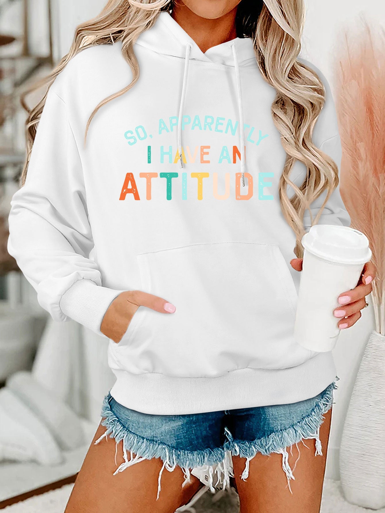 Damen Kapuzenpullover Lässig Mit Schriftzug Grau Eveloria