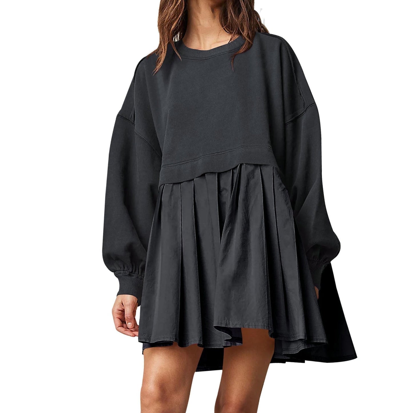Damen Oversized Sweatshirtkleid Plissee-Rock Rundhals Bischofsärmel