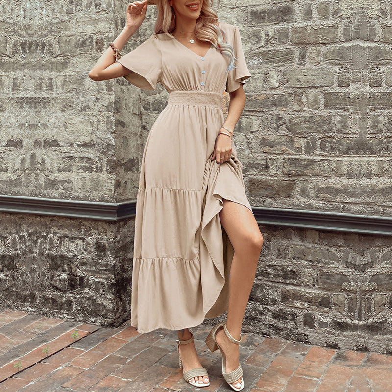 Damen Maxikleid Rüschendetails Taillengürtel Eveloria