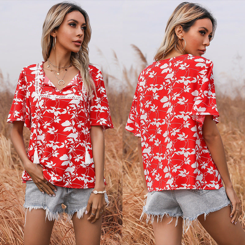 Damen Bluse Florales Muster V-Ausschnitt Elegante Bluse
