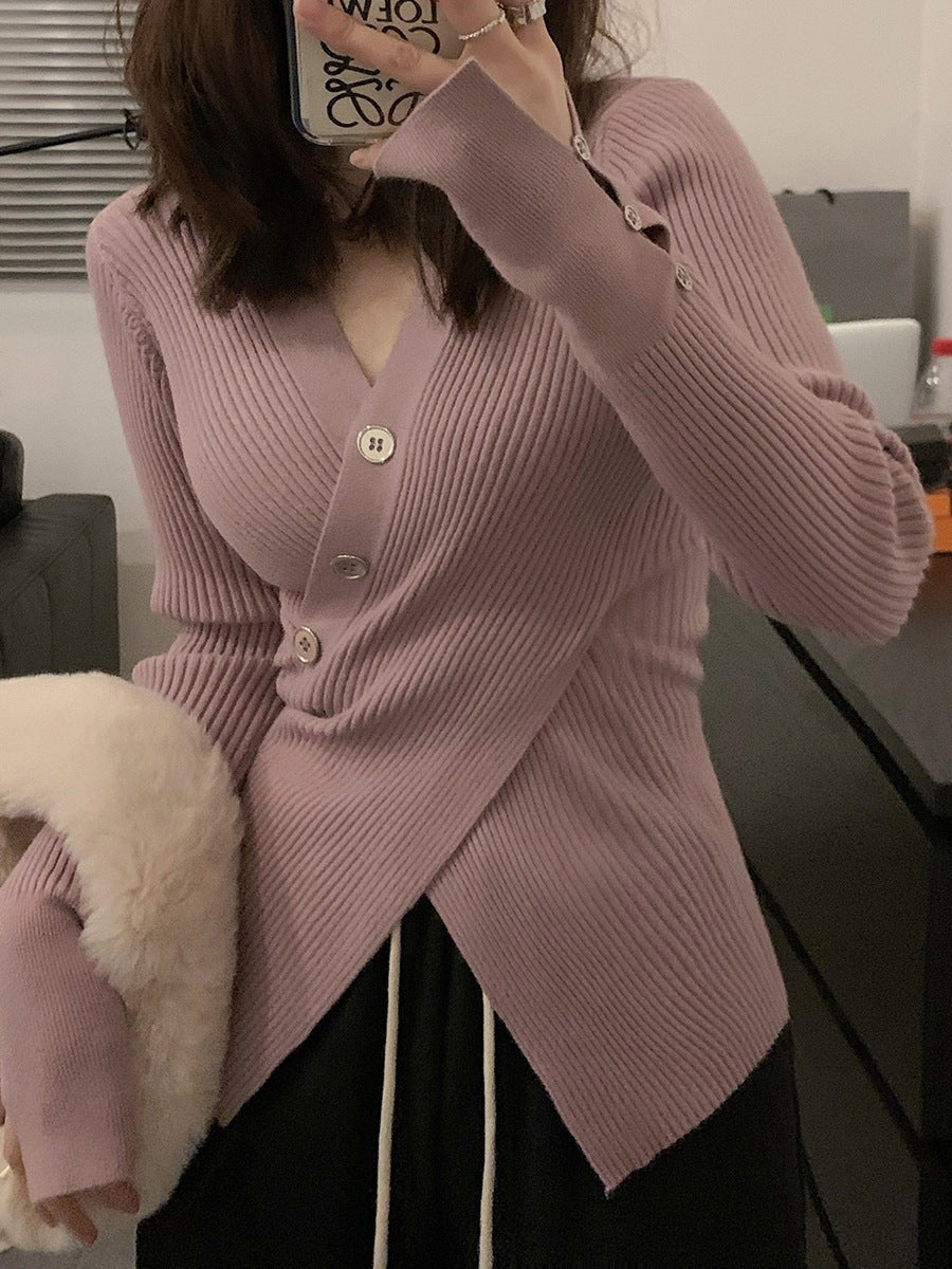 Damen Rippstrick-Cardigan mit Knöpfen und V-Ausschnitt