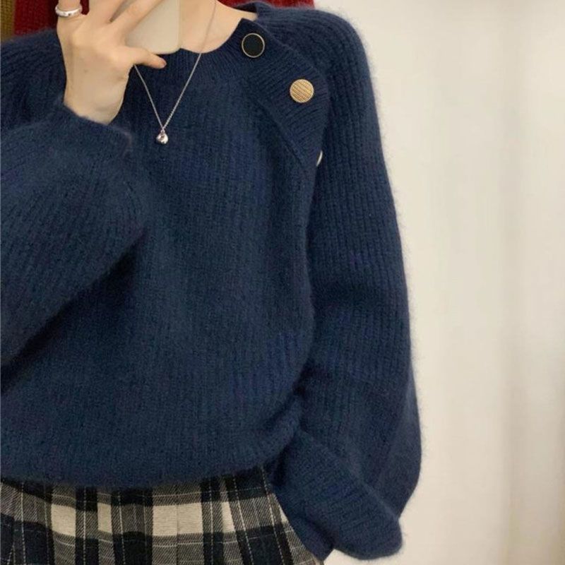 Damen Strickpullover Dekorative Knöpfe Bequem Eveloria