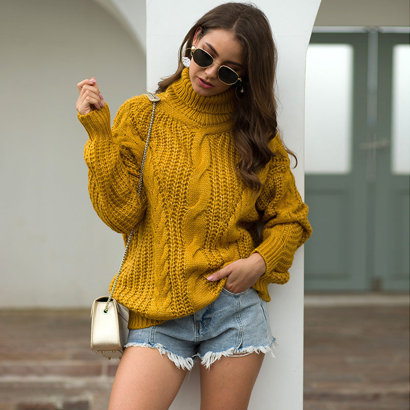Damen Grobstrickpullover Rollkragen Zopfmuster