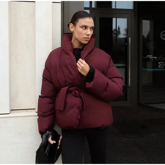 Damen Gefütterte Jacke Mit Bindegürtel Schwarz Eveloria - Eveloria