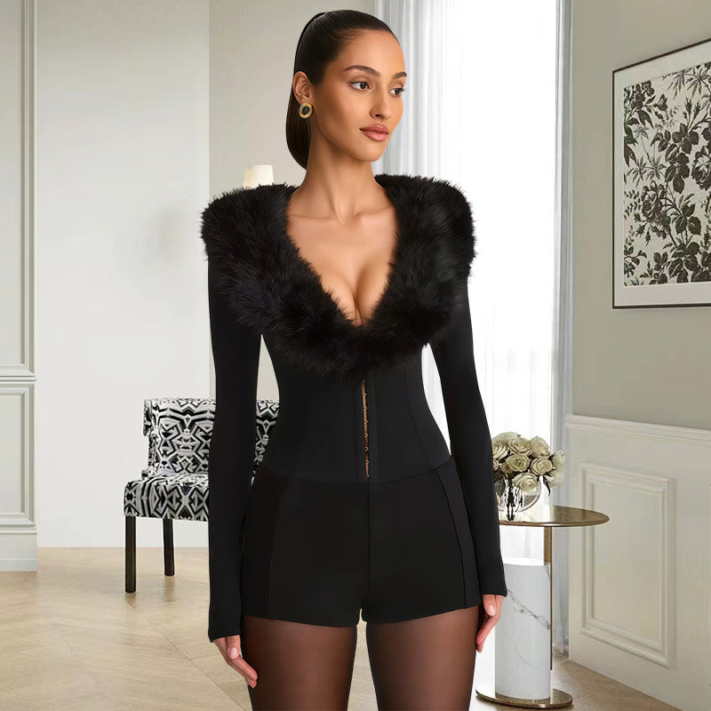Damen Jumpsuit Fellkragen Figurbetont Eveloria