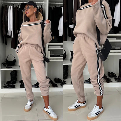 Damen Fleece-Lounge-Set mit Seitentaschen Kontraststreifen Grau - Eveloria