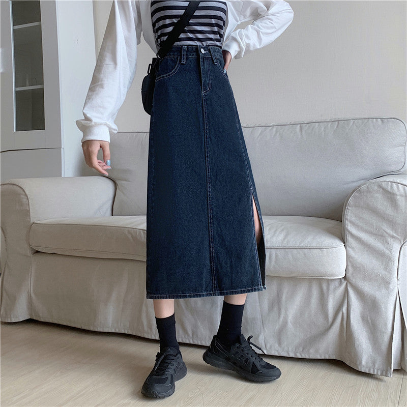 Damen Denim-Rock Lang Mit Seitlichem Schlitz Blau