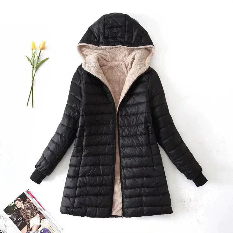 Damen Pufferjacke Mittellang Wattiert Mit Kapuze Plüschfutter - Eveloria