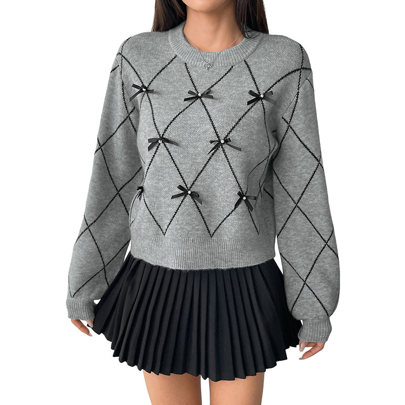 Damen Strickpullover Rautenmuster mit Schleifen