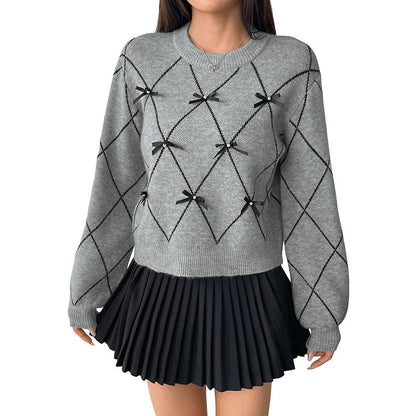 Damen Strickpullover Rautenmuster mit Schleifen