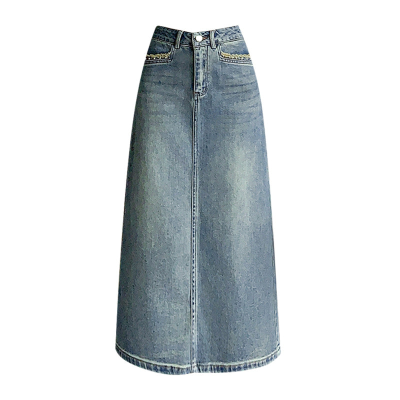 Damen Denim Midi-Rock Schwingender Saum Blau Eveloria