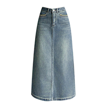 Damen Denim Midi-Rock Schwingender Saum Blau Eveloria