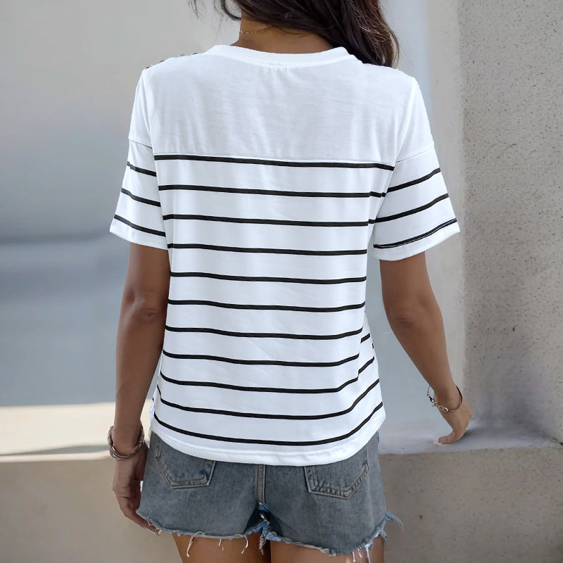Damen T-Shirt Streifen Dekorative Knöpfe Weiß