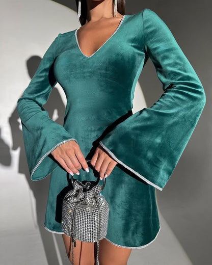 Damen Minikleid V-Ausschnitt Oversized Ärmel