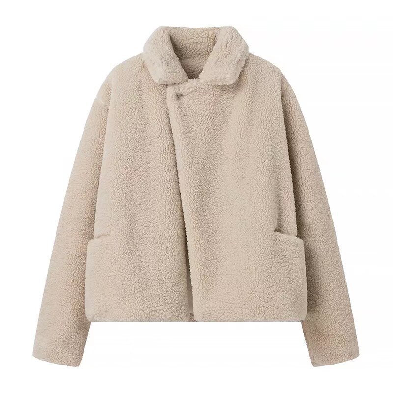 Damen Teddyjacke Kuschelig Modernes Revers Beige Eveloria