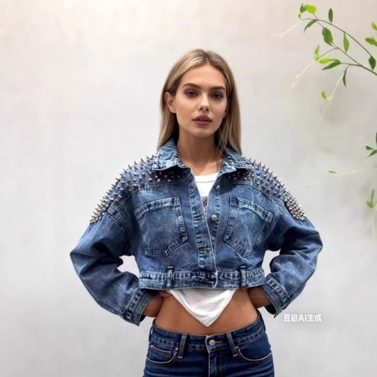 Damen Denimjacke Nietenverzierungen Blau Eveloria - Eveloria