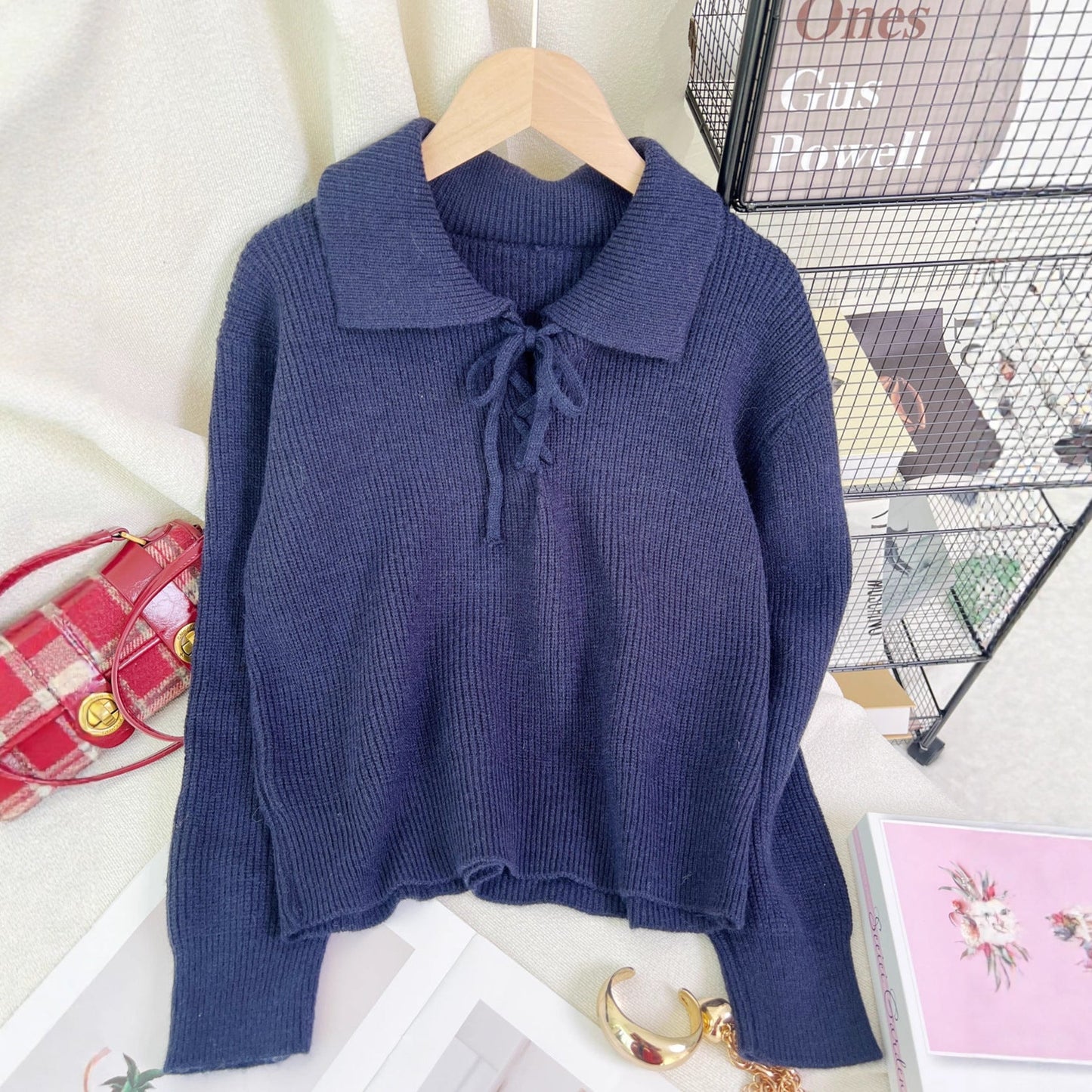 Damen Pullover Polokragen Kordelzug Grau Eveloria