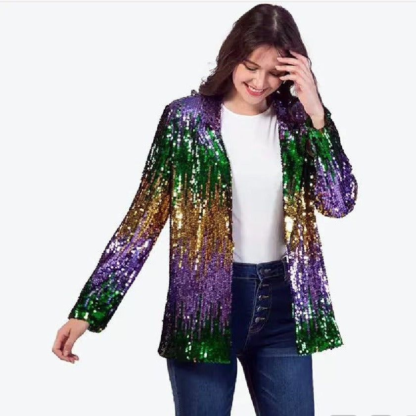 Damen Glitzerjacke Pailletten Langer Arm Offener Schnitt Eveloria - Eveloria