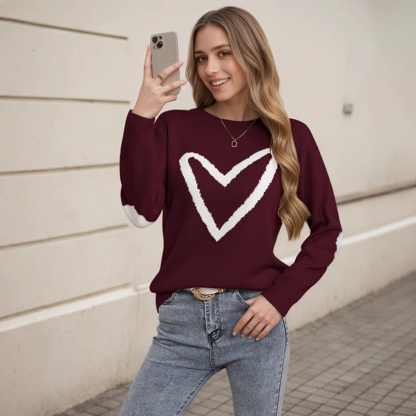 Damen Strickpullover Herzmotiv Lässiger Schnitt - Eveloria