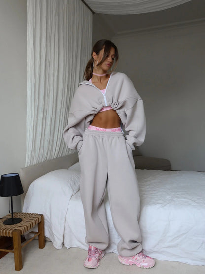Damen Fleece Hoodie Jogging Set Weich Grau