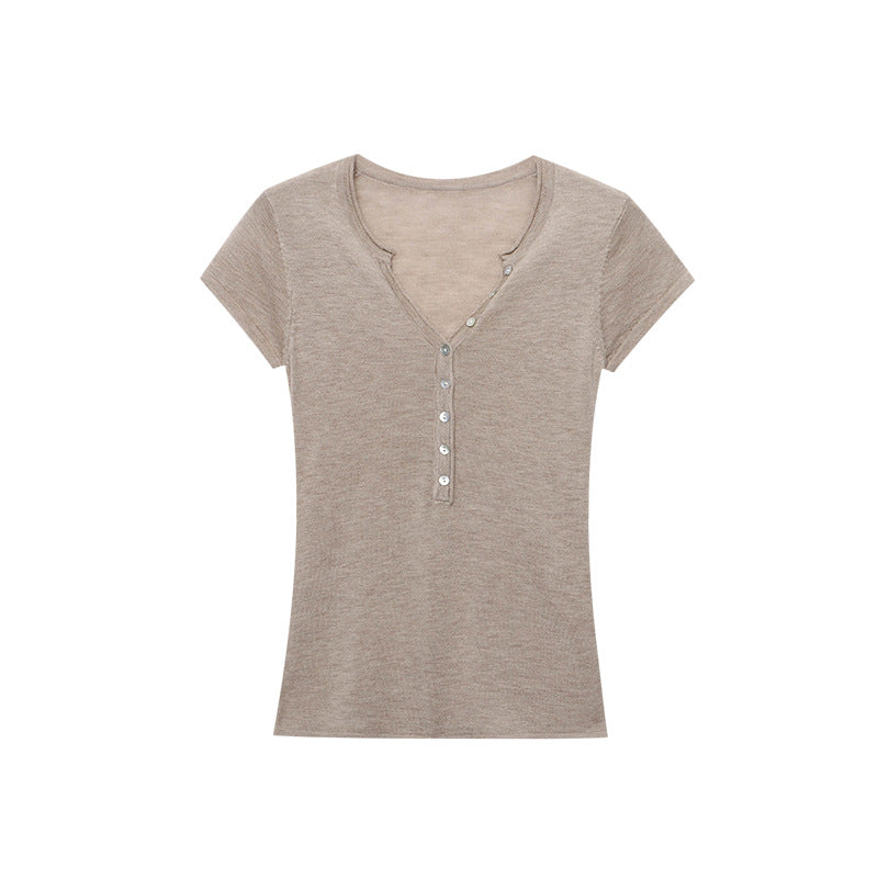 Damen Henley-Shirt Kurzarm Figurbetont Knopfleiste Eveloria